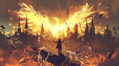 wizard summoning the phoenix from hell, digital art style, illustration painting clipart