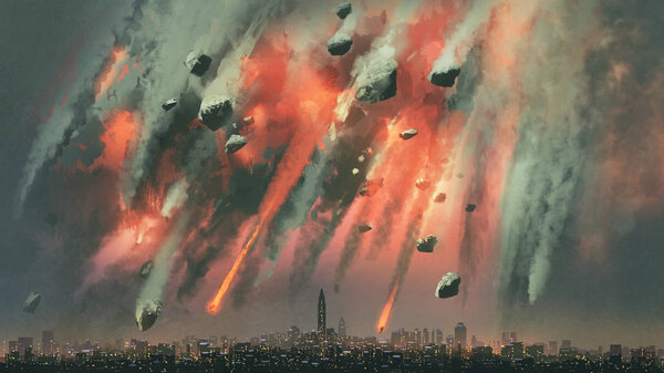 sci-fi scene of the meteorites explodes in the sky above the city, digital art style, illustration painting