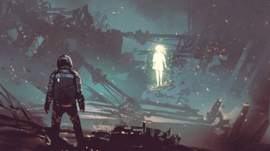 terk edilmiş gezegende parlayan kız bakan fütüristik adamın Sci-Fi sahne, dijital sanat tarzı, illüstrasyon boyama