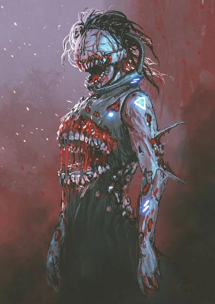 Creepy Zombie Krwawe Usta Środku Ciała Cyfrowy Styl Sztuki Malarstwo — Zdjęcie stockowe