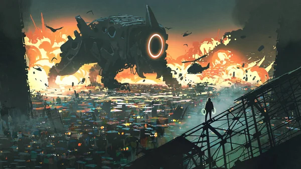 Scena Sci Mașinii Creaturii Care Invadează Orașul Stilul Artei Digitale — Fotografie, imagine de stoc