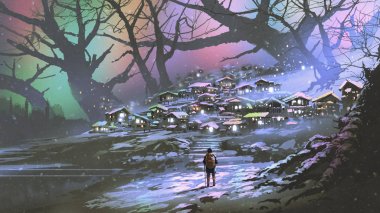 renkli atmosfer, dijital sanat tarzı, illüstrasyon boyama ile kar köyü gece sahne