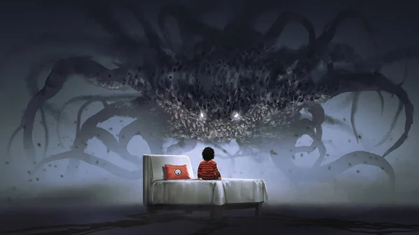 Nightmare Concept Showing Boy Bed Facing Giant Monster Dark Land — Stock Photo, Image