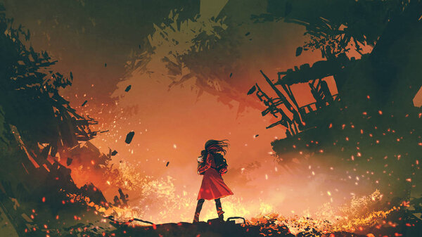 young mother in red coat carrying her baby standing in the burning city, digital art style, illustration painting