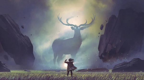 男子与一个神奇的灯笼面对巨鹿在一个神秘的山谷 数字艺术风格 插图绘画 — 图库照片