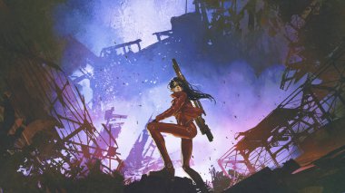 futuristic soldier woman with gun standing against the ruined city, digital art style, illustration painting clipart