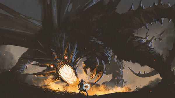Fantasy Scene Showing Girl Fighting Fire Dragon Digital Art Style — Stock Photo, Image
