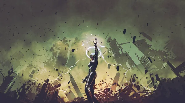 Roboterin hebt einen Blitzarm, um die Leistung zu erhöhen, digitaler Kunststil, Illustrationsmalerei — Stockbild Roboterin Hebt Einen Blitzarm Die Leistung Erhöhen Digitaler Kunststil Illustrationsmalerei — Stockfoto