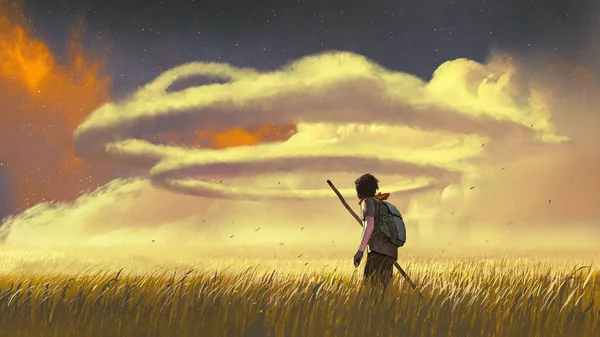 ชายหน มเด านท งหญ และมองเมฆแหวนบนท องฟ สไตล ลปะด ตอล ภาพวาด — ภาพถ่ายสต็อก