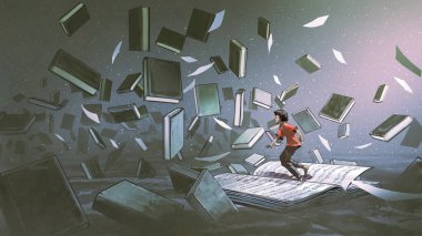 Çocuk açık kitabın üzerinde duruyor ve havada süzülen diğer kitaplara bakıyor, dijital sanat tarzı, resimli resimler.