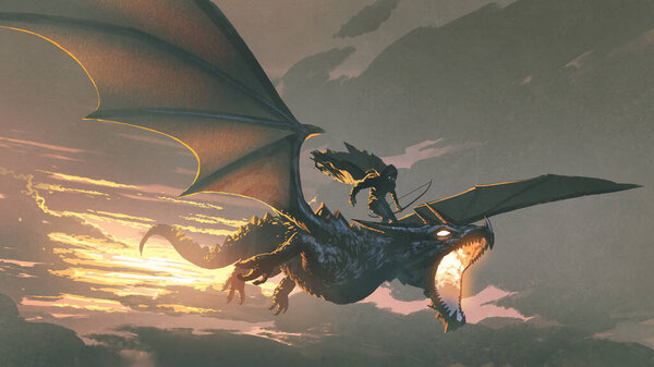 Caballero Negro Que Monta Dragón Que Vuela Cielo Del Atardecer — Foto de Stock