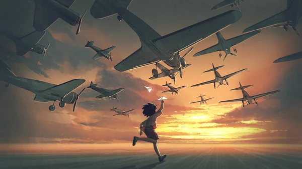 Der Junge Spielt Papierflugzeuge Und Betrachtet Flugzeuge Die Den Sonnenuntergangshimmel — Stockfoto