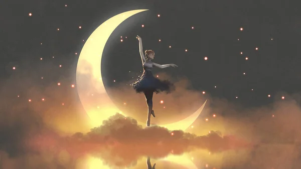 Ballerina Dancing Fireflies Crescent Moon Digital Art Style Illustration Painting — Stock Photo, Image