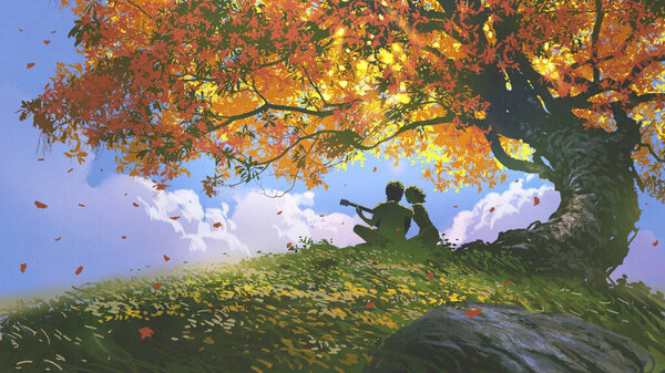 lovers sitting and playing guitar under the tree in autumn, digital art style, illustration painting