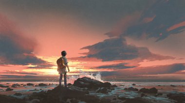 Günbatımına karşı gitarla ayakta duran bir çocuk, dijital sanat tarzı, resimli resim.