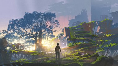 Genç adam gün batımında şehir merkezinde dikiliyor, dijital sanat tarzı, resimli resim.