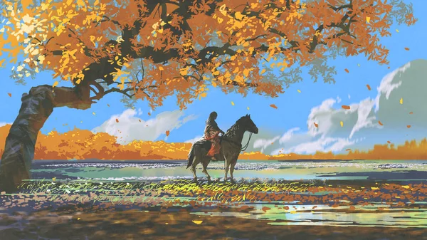 女人坐在秋天树下的马背上 数码艺术风格 绘画插图 — 图库照片