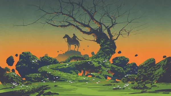 Horseman Scary Tree Mysterious Landscape Digital Art Style Illustration Painting — Stock Photo, Image