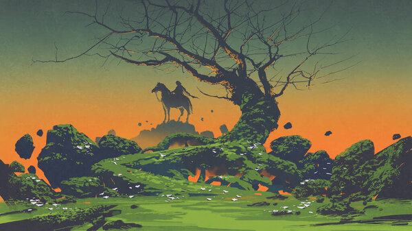 horseman and scary tree in the mysterious landscape, digital art style, illustration painting