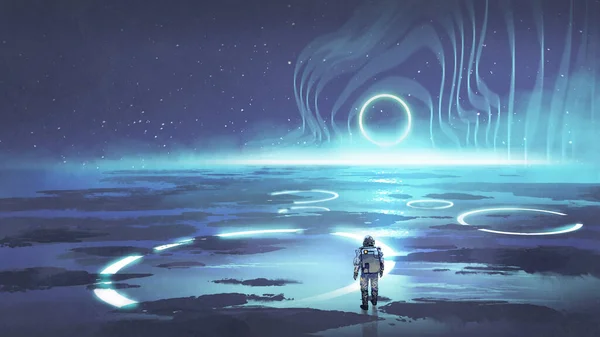 Homem Espaço Andando Planeta Com Luz Azul Brilhante Anel Estilo — Fotografia de Stock