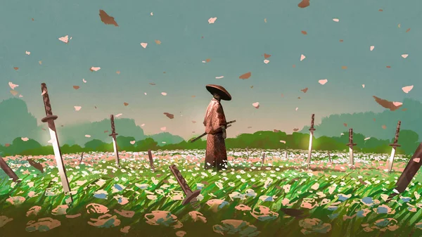 samurai standing among the swords impaled on the ground in the flower fields, digital art style, illustration painting