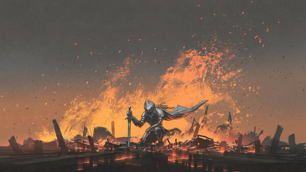 рыцарь с волшебным мечом, сидя на огне, стиль цифрового искусства, иллюстрации живописи