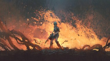 Elektrikli testereli bir kadın yanan zeminde dikiliyor, dijital sanat tarzı, resimli.