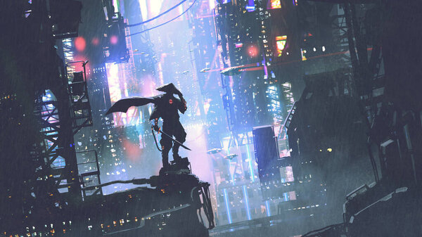 futuristic samurai standing on a building in cyberpunk city at rainy night, digital art style, illustration painting