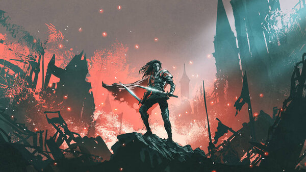 Knight with twin swords standing on the rubble of a burnt city, digital art style, illustration painting