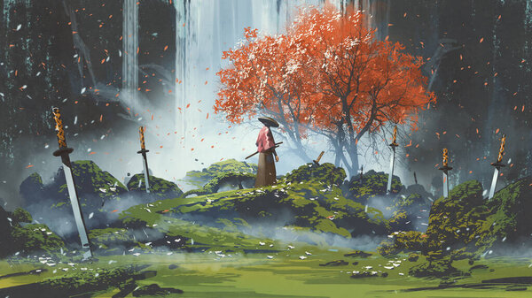 Samurai Standing Waterfall Garden Swords Ground Digital Art Style Illustration — Stock Photo, Image
