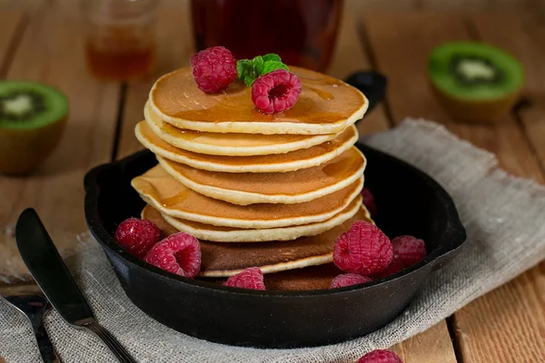 Pancakes Hotcakes Fresh Berries Fruit Served Maple Syrup — Stock Photo, Image