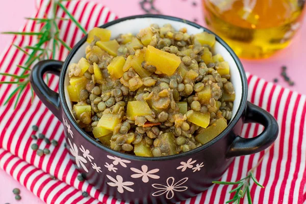 Ragoût Végétarien Curry Lentilles Citrouille Avec Romarin Pour Déjeuner Dîner — Photo