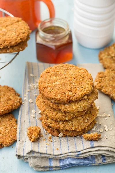 Biscoitos Caseiros Tradicionais Anzac Com Aveia Enrolada Coco — Fotografia de Stock