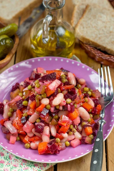 Salade Traditionnelle Russe Vinaigrette Vinaigrette Aux Légumes Cuits Dés Haricots — Photo