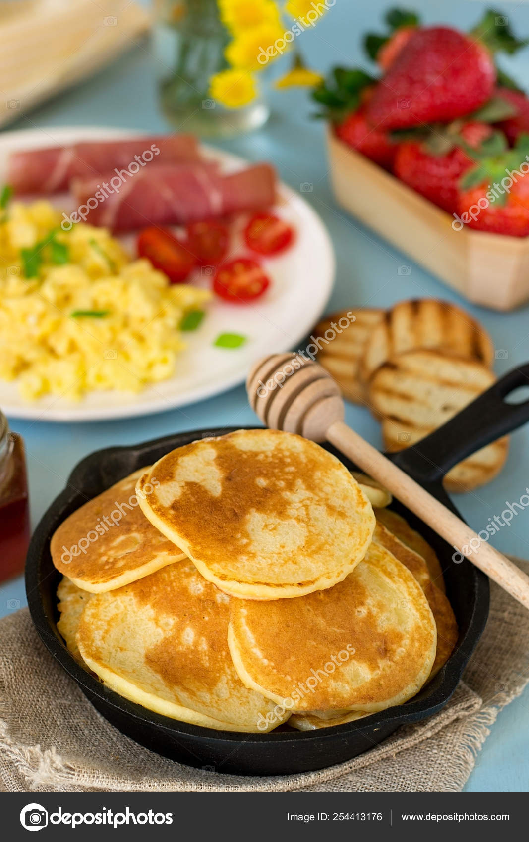 Pancakes With Scrambled Eggs And Ham For Breakfast Stock Photo Image By C Larik Malasha
