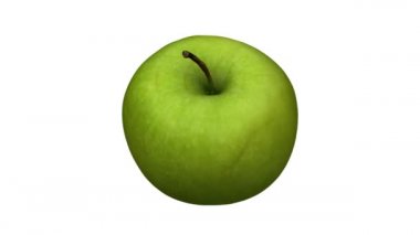 Beyaz arka planda dönen yeşil bir Granny Smith elmasının gerçekçi canlandırması. Video kusursuz bir şekilde döngüye giriyor ve 3D nesne gerçek bir elmadan taranıyor..