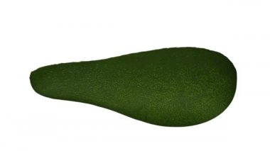 Beyaz arka planda dönen yeşil Florida avokadosunun (ikiye bölünmüş) gerçekçi canlandırması. Video kusursuz bir şekilde döngüye giriyor ve nesne gerçek bir avokadodan 3D taranıyor..