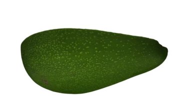 Beyaz arka planda dönen yeşil Florida avokadosunun (ikiye bölünmüş) gerçekçi canlandırması. Video kusursuz bir şekilde döngüye giriyor ve nesne gerçek bir avokadodan 3D taranıyor..