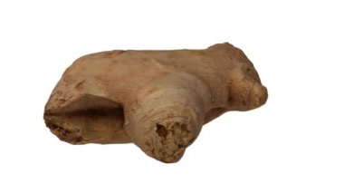 Beyaz arka planda dönen taze zencefil kökünün gerçekçi bir canlandırması. Video pürüzsüz bir şekilde döngüye giriyor ve nesne gerçek bir zencefil rhizomu tarafından 3D taranıyor..