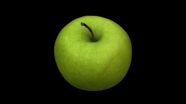 Rendering Realistico Una Mela Verde Girevole Granny Smith Sfondo Nero — Video Stock