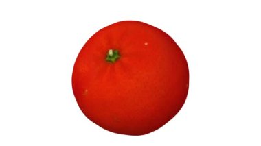 Beyaz zemin üzerinde dönen bir mandalina portakalının (Clementine çeşidi) gerçekçi canlandırması. Video kusursuz bir şekilde döngüye giriyor ve nesne gerçek bir meyveden 3D taranıyor..