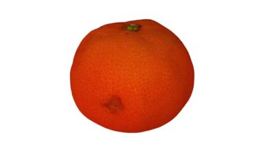 Beyaz zemin üzerinde dönen bir mandalina portakalının (Clementine çeşidi) gerçekçi canlandırması. Video kusursuz bir şekilde döngüye giriyor ve nesne gerçek bir meyveden 3D taranıyor..
