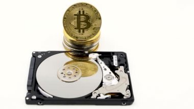 Altın bitcoin jetonu üzerine büyüteç. Dünya çapında sanal internet kripto para birimi ve dijital ödeme sistemi. Dijital siber uzayda bitcoin çiftliğinde dijital para kripto para birimi. Boşluğu kopyala.