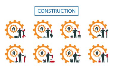  Dairelerin ve konutların onarımı, kurulumu ve bakımı, tamamlanması, boyanması, tesisatı ve diğer inşaat işleri için ikonların vektör çizimleri.