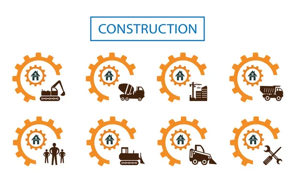 Çalışan personelin simgeleri, özel ekipmanlar ve şirketlerin ve diğer hizmet ve kuruluşların inşaat işleri için araçların bir dizi vektör çizimleri
