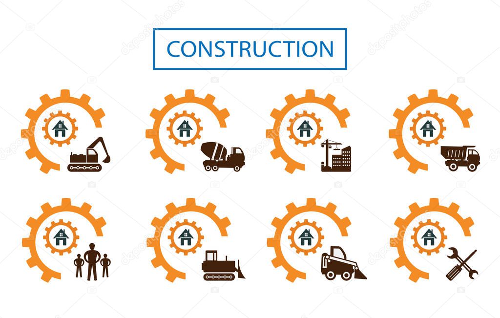A set of vector illustrations of icons of working personnel, special equipment and tools for construction work of companies and other services and organizations
