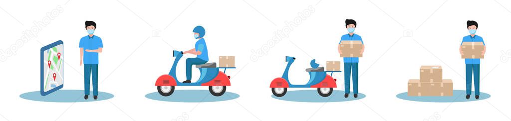 Vector illustration of accepting an order and delivering the product to your home by courier in a protective antivirus mask