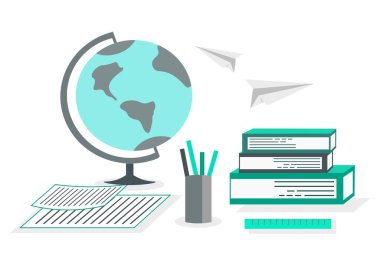  Bir kürenin vektör çizimi, kitaplar, masa. Öğrenciye Giriş.