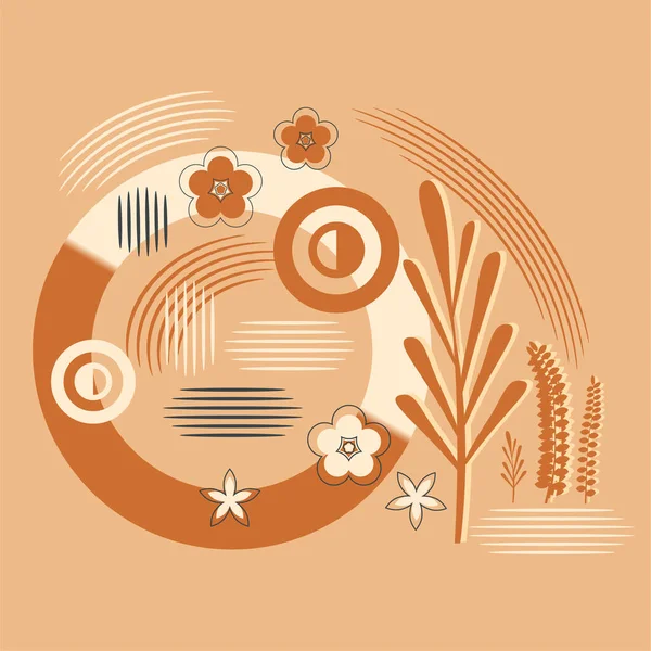 Ilustração Vetorial Fundo Geométrico Abstrato Com Círculos Ramos Plantas Padrão — Vetor de Stock