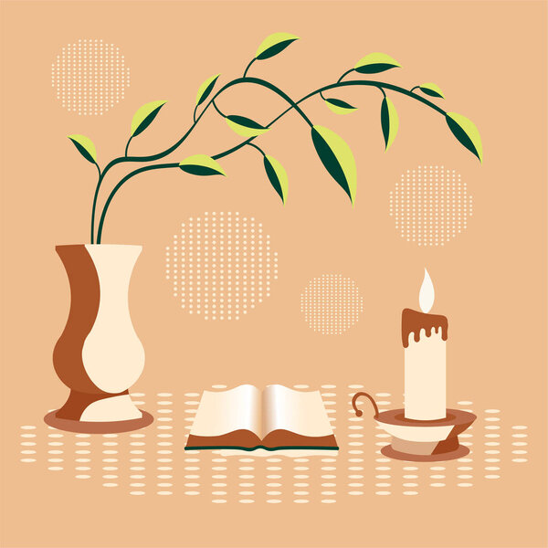 Vector illustration of a table with a book, a candle and a jug with a plant. On dark background.Pattern.